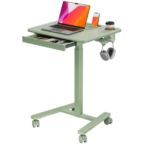 Small Mobile Standing Desk with Drawer, 23.6" x 19.7" Top | Height Adjustable Portable Laptop Desk with Wheels & Cup Holder, Sit Stand Computer Workstation for Compact Space, Sage Green - color: Green, size: 24"