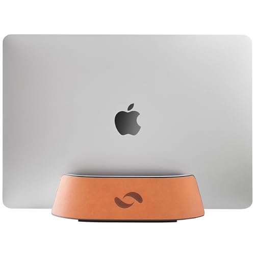 HumanCentric Vertical Laptop Stand in Vegan Cognac Leather, Adjustable | Upright Adjustable Holder and Dock, Fits MacBook Pro and Other Laptops .5" to 1.5", Clamshell Compatible - color: Cognac Leather