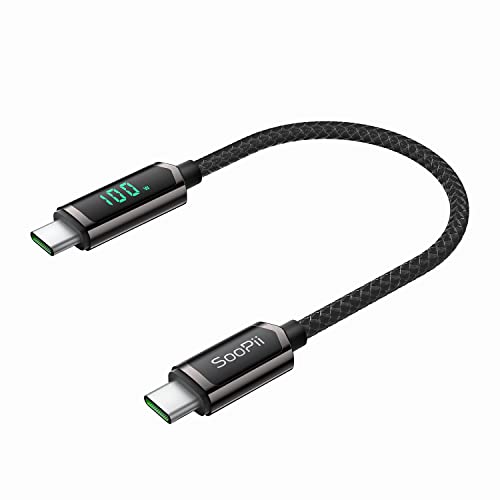 SOOPII 100W USB C to USB C Cable, 1FT Nylon Braided Type-C Cable with LED Display for lPhone 15/15 Pro/15 Plus/15 Pro Max, MacBook Pro, Samsung Galaxy S22/S10, Pixel, LG - color: Black, size: 1 Foot 100W