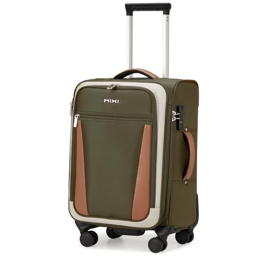 mixi Carry On Luggage 20 Inch Softside Suitcase, Tea Brown-Off White | Front Pocket, 22x14x9 Airline Approved, Rolling Spinner Wheels, TSA Lock, Lightweight - color: Tea Brown-Off White