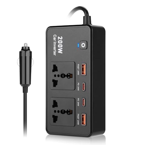 200W Car Power Inverter - Dual DC 12V to 220V AC Car Outlet Adapter to Wall Plug, 24W Fast Charging USB-C&USB-A, Portable Charger Converter for Laptops, Phones, Black - color: Black