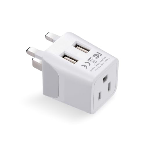 Ceptics US to UK Plug Adapter, Dual USB Adapter for UAE, Ireland, Hong Kong | UK Plug Adapter for Travel, UK Adapters for Travel from USA & Canada, Grounded Charger Adapter for Phones & Electronics - color: Snow White