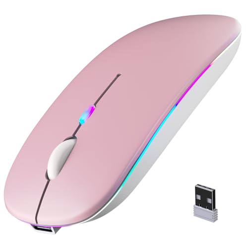 Wireless Bluetooth Mouse, Rechargeable, LED, Silent, Ultra-thin Design (Bluetooth 5.2 and 2.4GHz USB Receiver) | Portable Computer Mouse for Laptops, iPads, MacBooks and Apple Devices (Pink) - color: Pink