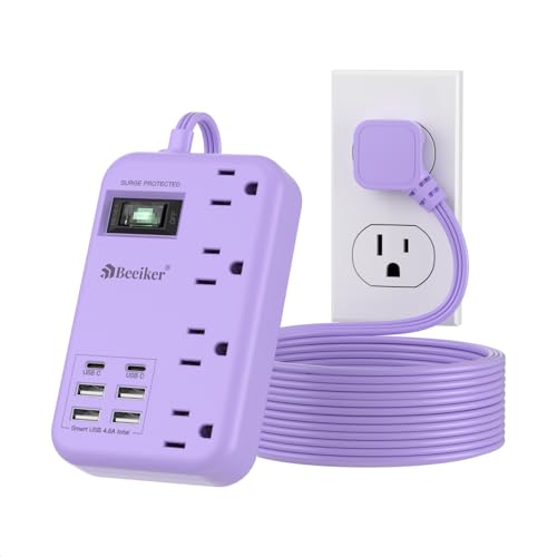 Beeiker 6 USB Purple Surge Protector Power Strip,10 Ft Cute Extension Cord | 6 USB(2 USB C),24W USB Charging Station,4 Outlets,10 Ft Purple Extension Cord,Kawaii Lavender Desk Accessories,For Home Dorm - size: Purple-10ft-24W-980J