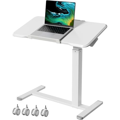 Foldable Mobile Standing Desk 180° Tilt Adjustable on Wheels | 32inch Pneumatic Portable Rising Desk with 4 Hidden or Lockable Casters, Rolling Overbed Bedside Table for Home Office, White - color: White