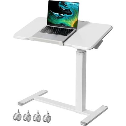 Foldable Mobile Standing Desk 180° Tilt Adjustable on Wheels | 32inch Pneumatic Portable Rising Desk with 4 Hidden or Lockable Casters, Rolling Overbed Bedside Table for Home Office, White - color: White