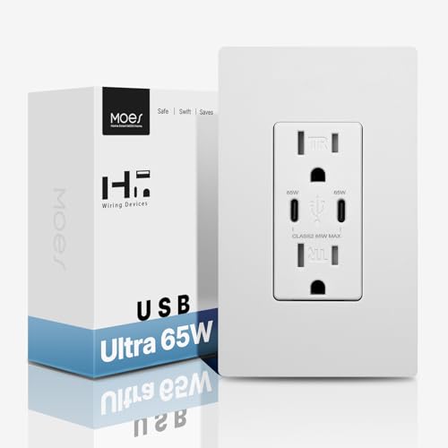 MOES 65W GaN Power Delivery USB C Wall Outlet 15 Amp, Ultra Speed Type C Receptacle, PD USB C Ports, Tamper Resistant, Screwless Wall Plate Included, ETL Listed, Matte White, 1 Pack - size: 2 Type C 65WPD 15A Outlet