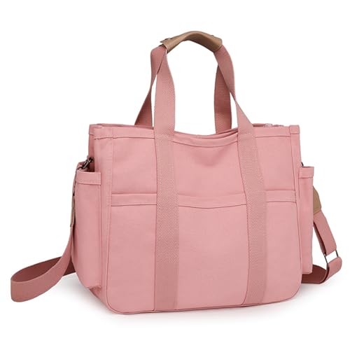 Eagerrich Canvas Crossbody Tote Bag with Multi Pockets for Women Work Large Handbags Shoulder Bag Messenger Bag Travel Purse - color: Pink