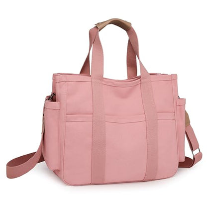 Eagerrich Canvas Crossbody Tote Bag with Multi Pockets for Women Work Large Handbags Shoulder Bag Messenger Bag Travel Purse - color: Pink
