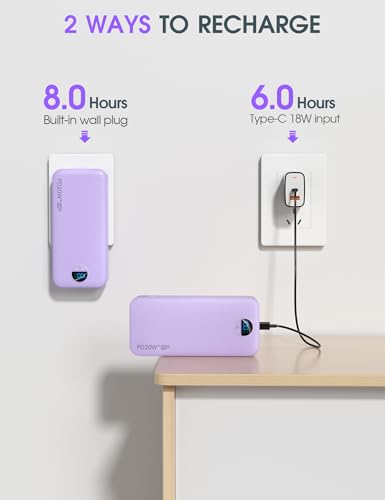 citicr Portable Charger 20000mAh PD20W w/Built-in Cables & Wall Plug Purple | High capacity, Fast charging, Built-in wall plug, LED display, Charge 5 devices at once, Pass through charging, TSA approved - color: Purple-20000mah