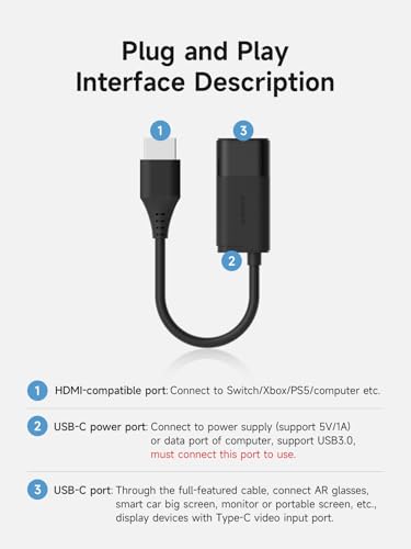 Hagibis HDMI to USB C Adapter, 4K@60Hz HDMI Male to USB-C Female Cable, Portable Monitor, AR Glasses XREAL, VITURE, RayNeo, Rokid to Type C Laptop, Switch, ROG Ally, Steam Deck, PS4/5