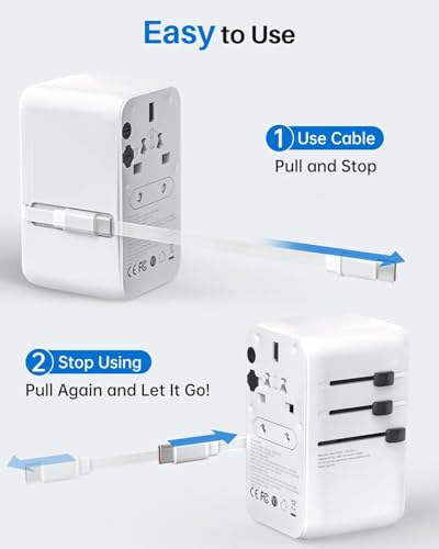 DOACE 100W GaN Universal Travel Adapter with USB-C Cable | 100W GaN Fast Charging, Built-in USB-C Cable, 6-in-1 Design, Works in Europe, UK, US & Australia, Compact Travel Essential - color: White