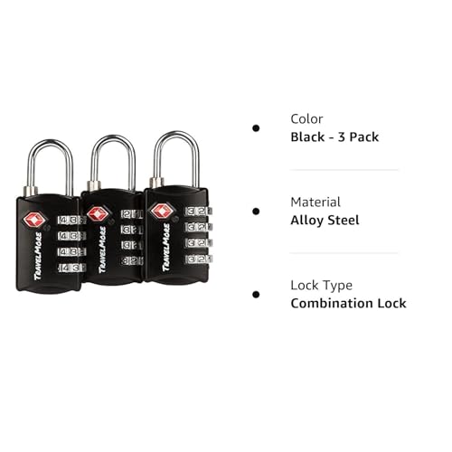 3 Pack TSA Luggage Locks with 4 Digit Combination – Heavy Duty Set Your Own Padlocks for Travel, Baggage, Suitcases & Backpacks - Black - color: Black, size: 3 Pack
