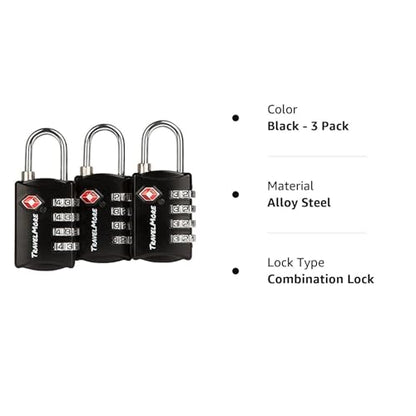 3 Pack TSA Luggage Locks with 4 Digit Combination – Heavy Duty Set Your Own Padlocks for Travel, Baggage, Suitcases & Backpacks - Black - color: Black, size: 3 Pack