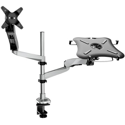 Mount-It! CLiX Monitor & Laptop Desk Mount w/Cooling Fan, Silver | TAA-compliant gas spring arm fits 13-32" monitor + 17" laptop, VESA 75x75/100x100, full motion aluminum, dual-screen ready.