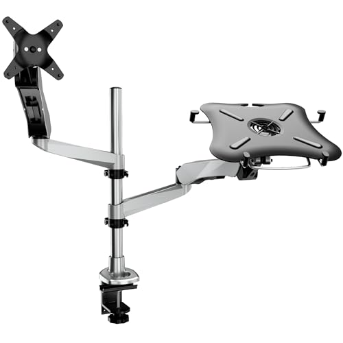 Mount-It! CLiX Monitor & Laptop Desk Mount w/Cooling Fan, Silver | TAA-compliant gas spring arm fits 13-32" monitor + 17" laptop, VESA 75x75/100x100, full motion aluminum, dual-screen ready.