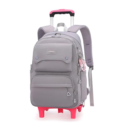 Solid Color Girls Rolling Backpack with Wheels Schoolbag Elementary School Student Trolley Daypack Outdoor Travel bag - color: A-grey- Two Wheels, size: 2 Wheels
