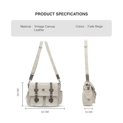 Easton Crossbody Messenger Bag | Denim Canvas Laptop Bag with Leather Accents | Multi Pocket Shoulder Bag - color: Fade Beige