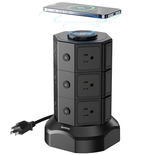 Tower Power Strip with 15W Wireless Charger, SUPERDANNY 1050J Surge Protector Tower 13A Charging Station with 12 AC Outlets & 6 USB Ports (2 USB C), 6.5ft Black Extension Cord for Dorm Essentials - color: Black, size: 12AC+4USB-A+2USB-C | 6.5 ft | 15 W Wi