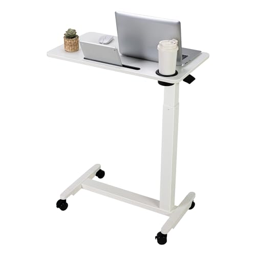 Adjustable Overbed Table with Wheels, Over Bed Tray with Cup Holder | Rolling Medical Adjustable Height Standing Laptop Desk, Portable Hospital Bedside Tables, Pneumatic Computer Cart| White - color: White