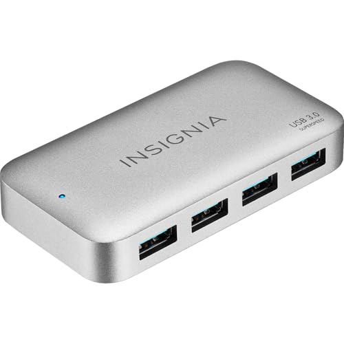 Insignia 4-Port USB 3.0 Hub with 5ft. Cable Power Supply, USB Splitter Expander for Laptop, Xbox, Flash Drive, HDD, Console, Printer, Camera, Keyborad, Mouse, MacBook, Surface, PC, Silver Grey