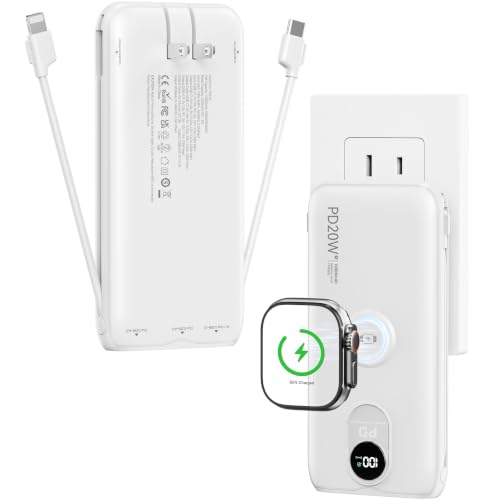 Portable Charger 10000mAh 20W, Wall Plug, 2 Cables, iWatch Charging | Digital Display, Compact Lightweight, USB C Fast Charge, USB-A 18W, Multi Protection, Travel Essential, for iPhone 17 16, Pad - color: Auroral White