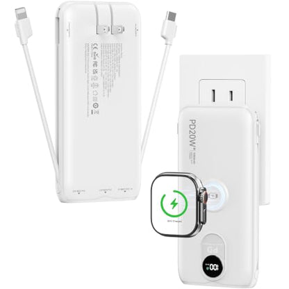 Portable Charger 10000mAh 20W, Wall Plug, 2 Cables, iWatch Charging | Digital Display, Compact Lightweight, USB C Fast Charge, USB-A 18W, Multi Protection, Travel Essential, for iPhone 17 16, Pad - color: Auroral White
