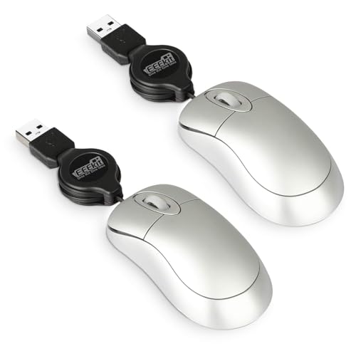 EEEKit 2 Pack Mini Retractable Cable USB Optical Mouse, Silver, Unisex - color: Sliver