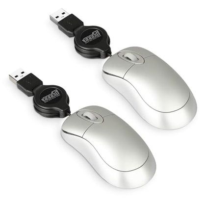 EEEKit 2 Pack Mini Retractable Cable USB Optical Mouse, Silver, Unisex - color: Sliver
