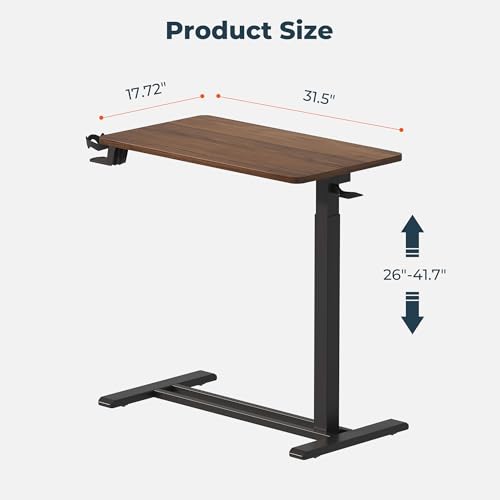 32''Large Medical Overbed Bedside Table with Wheels,Rolling Table | 31.5''x17.7'' Mahogany Pneumatic Tilting Desktop,Overbed Bedside Table with Hidden Casters for Hospital Use - color: Mahogany, size: Large