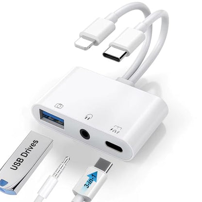 USB-C & Lightning to 3.5mm Headphone Adapter USB OTG Camera Adapter | USB-C/Lightning to USB Adapter with 3.5mm Audio Jack, OTG Data Transfer & PD 60W Fast Charging Port for iPhone/iPad/Android