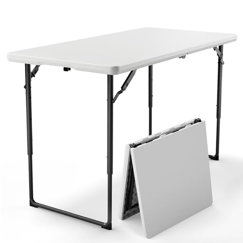 4ft Folding Table with Adjustable Height, Heavy Duty Fold-in-Half Plastic Table with Steel Legs, Portable for Indoor, Outdoor, Picnic, Camping, Dining, Party, White - color: White, size: 4FT
