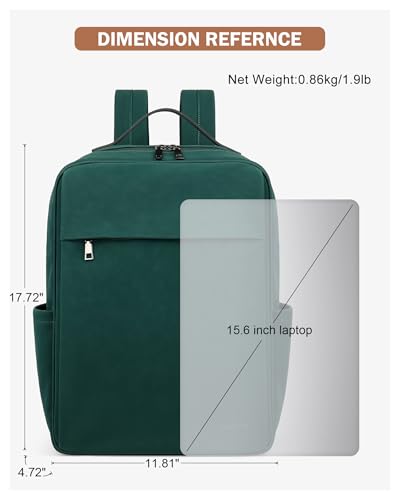 MASINTOR 15.6 inch PU Leather Laptop Backpack Purse for Women | College Laptop Backpack, Spacious Main Compartment, Luggage Strap & Padded Sleeve, Ideal for Campus, Commute & Travel - color: Retro Green