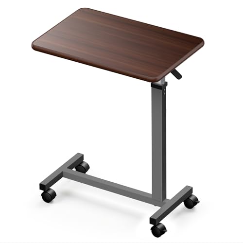 WOTURE Pneumatic Adjustable Overbed Bedside Table with Wheels - Hospital & Home Use, Medical Bed Table, Mobile Standing Desk, Rolling Laptop Cart, Non Tilt Surface(23.6" L x 15.7" W, Walnut) - color: Walnut