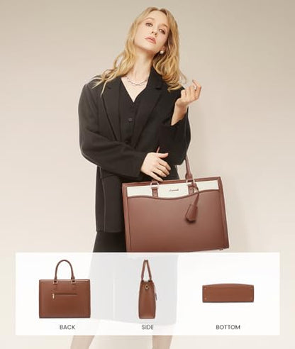 LOVEVOOK Laptop Tote Bag for Women, Leather Office Work Bag Briefcase fit for 15.6 inch Laptop, Large Teacher Computer Bag Handbag,2pcs Set Leather/Brown-White | PU Leather Business Briefcase Teacher Travel College Bag Handbag fit for 15.6 inch Laptop, Of