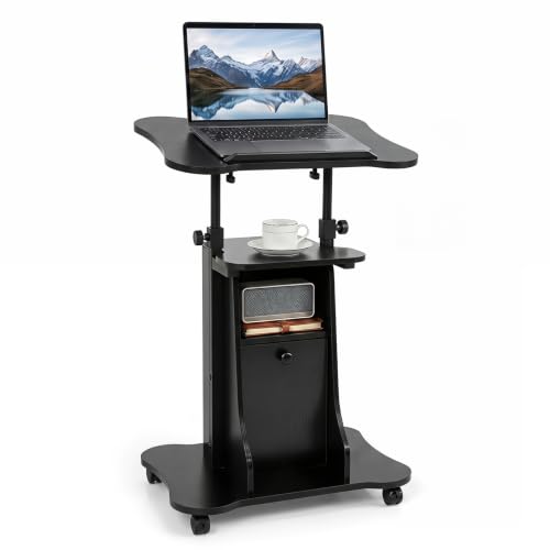 GIANTEX Mobile Podium Stand, Sit-to-Stand Laptop Cart (Black, 1 Pack) | Tilting Tabletop & Storage Cabinet, Lockable Casters, Height-adjustable Rolling Lectern for Classroom, Church, Home Office - color: Black