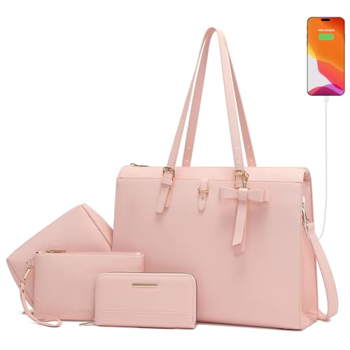 Keyli 4pc Sets Laptop Bag for Women Large Leather Laptop Briefcase with USB Charging Port Computer Shoulder tote Bags Purse - color: Pink