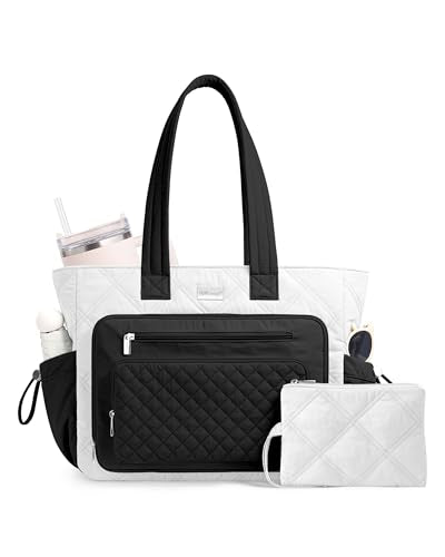 TOPDesign Puffer Laptop Bag for Women, Quilted Teacher Tote Nurse Work Briefcase, Computer Handbag with 40oz Cup Holder - color: White/Black/Black, size: 15.6 Inch
