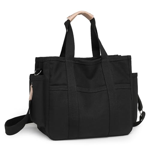 Eagerrich Canvas Crossbody Tote Bag with Multi Pockets for Women Work Large Handbags Shoulder Bag Messenger Bag Travel Purse - color: Black