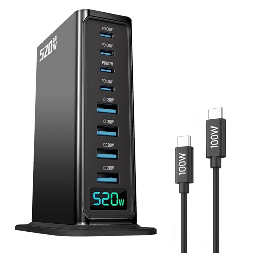 520W USB C Fast Charger Block, 8 Port, Black | GaN Charger, Double 100W PD3.1 PPS Port, Laptop Charging for MacBook/iPhone 16/iPad etc