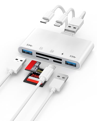 5-in-1 Memory Card Reader with OTG Adapter for iPhone 17 16 15 14 13 12 | OTG & SD Card Reader, Type C/Lightning/USB A Devices with TF/SD Card Reader/2 USB 3.0/Type C Charging Slots, Plug and Play - size: 5-in-1