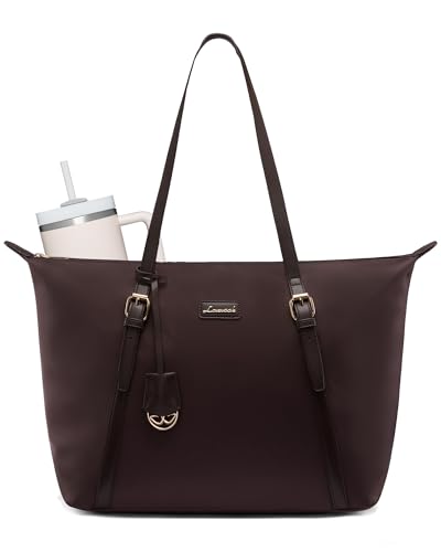 LOVEVOOK Laptop Tote Bag for Women, Lightweight Work Tote with Cup Holder, Waterproof Large Computer Bag for Office Travel - color: Intense Brown, size: 17.3Inch