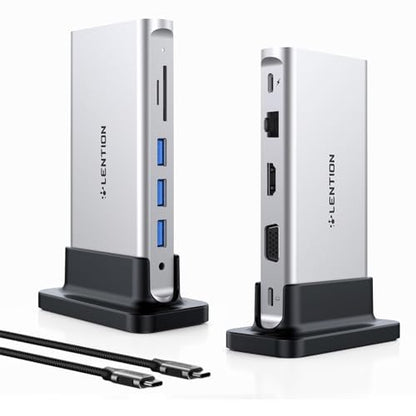 LENTION 10-in-1 USB C Docking Station with Dual Monitor (4K HDMI & 1080P VGA), 100W PD, 1000M Ethernet, 3xUSB 3.0, SD/TF, Vertical Design for 2026-2016 MacBook Pro/Air/Neo, Dell, HP, Surface Laptop - color: Silver