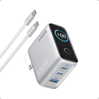 Anker 100W Max USB C Charger, 3-Port GaN Phone Charger with Smart Display | Ultra-Compact Fast Laptop Charger with Touch Control for iPhone 17 Series,iPad,MacBook Pro/Air(Include Cable,Non-Battery) - color: Silver