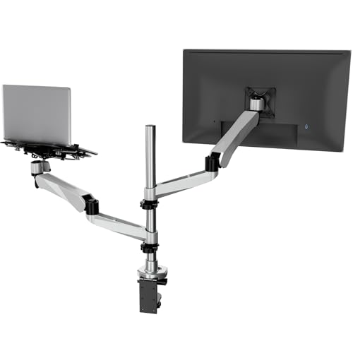 Mount-It! CLiX Monitor & Laptop Desk Mount w/Cooling Fan, Silver | TAA-compliant gas spring arm fits 13-32" monitor + 17" laptop, VESA 75x75/100x100, full motion aluminum, dual-screen ready.