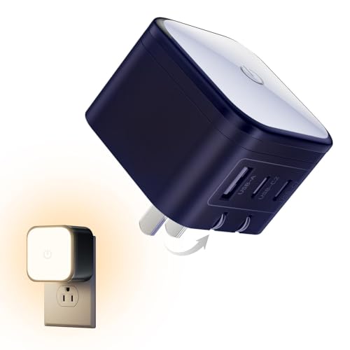 USB C Charger Block, 65W GaN Wall Charger with Touch-Control Night Light | Blue, 3 Port, Foldable Plug, PD PPS Support, Travel and Office Use, iPhone 17/16, Galaxy S26/S25, Pixel, iPad, MacBook - color: Blue, size: 65w-3 Ports