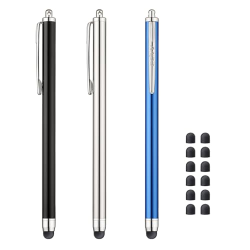 3 Pcs Stylus Pens for Touch Screens [0.24 inch Tip Series], 12 Extra Replaceable Rubber Tips (Black/Silver/Dark Blue) - color: Black/Silver/DarkBlue, size: 3 Pcs