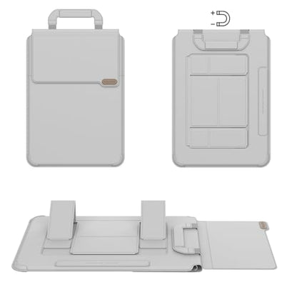 Nillkin Versatile Pro Upgraded 12-14in Laptop Sleeve with Stand & Mouse Pad | 3-in-1 Laptop Case for MacBook/Dell/HP/Lenovo, Slim, Travel Friendly, Dual-angle Stand, Magnetic Handle, PU Leather, Black - color: Gray, size: 14.2