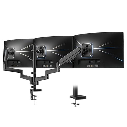 Ergounion Triple Monitor Mount for 13-32" Screens, with Long Monitor Arm | Wide 3-section arm, 19.8 lbs/arm, aluminum, full motion tilt/swivel/rotate, VESA 75/100 quick-release install, cable channels