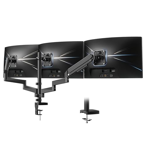 Ergounion Triple Monitor Mount for 13-32" Screens, with Long Monitor Arm | Wide 3-section arm, 19.8 lbs/arm, aluminum, full motion tilt/swivel/rotate, VESA 75/100 quick-release install, cable channels